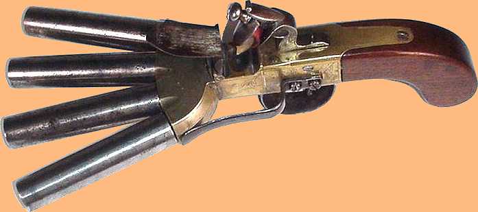 duck's foot pistol with wide splayed barrels that are tapered towards the muzzle