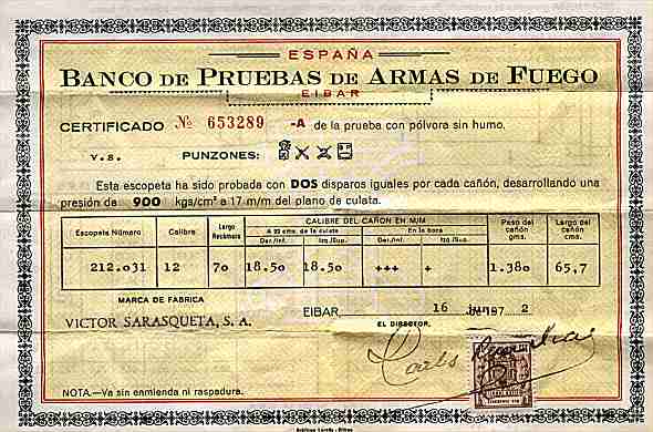 Front of Spanish proof certificate